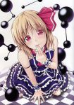  absurdres artist_request blonde_hair blush breasts chain chains checkered checkered_floor cross dress hair_ribbon highres looking_at_viewer ribbon rumia scan short_hair sitting solo source_request tongue touhou wrist_cuffs 