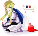  armor blonde_hair blue_eyes character_name flag french_flag fusion glasses inazuma_eleven inazuma_eleven_(series) inazuma_eleven_go inazuma_eleven_go_chrono_stone jeanne_d&#039;arc_(inazuma_eleven) jeanne_d'arc_(inazuma_eleven) kirino_ranmaru lightning_bolt open_mouth smile solo suemitsu_dicca trap twintails white_background wink 