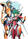  armor blue_eyes blue_hair bodysuit clenched_hand clenched_hands cross_(iczelion) expressionless fingerless_gloves gloves green_hair headgear highres hirano_toshihiro iczelion iczer_(series) kai_nagisa long_hair mask mecha_musume multiple_girls official_art orange_eyes scan short_hair solo white_background 