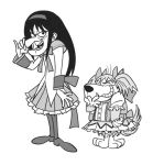  akemi_homura akemi_homura_(cosplay) cosplay dick_dastardly dog hair_ribbon hairband hiroe_rei kaname_madoka kaname_madoka_(cosplay) laughing long_hair magical_girl mahou_shoujo_madoka_magica monochrome muttley pantyhose pinky_out pleated_skirt ribbon skirt twintails wacky_races 