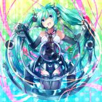  :d aqua_eyes aqua_hair bare_shoulders blue_eyes en@rain fingerless_gloves gloves hatsune_miku headset highres long_hair open_mouth smile solo thigh-highs thighhighs twintails very_long_hair vocaloid 