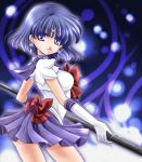  bishoujo_senshi_sailor_moon black_hair blue_background bow choker dress elbow_gloves gloves looking_back magical_girl pleated_skirt purple_dress purple_eyes ribbon sailor_saturn shirataki_kaiseki short_hair skirt solo staff tiara tomoe_hotaru violet_eyes white_gloves 