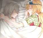  bare_shoulders bed binbougami_ga! blanket blonde_hair closed_eyes eyes_closed hatyo holding_arm long_hair lying momiji_(binbougami_ga!) multiple_girls naked_sheet pillow sakura_ichiko short_hair silver_hair sleeping triangular_headpiece yellow_eyes yuri 