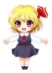  :d ascot blonde_hair blush chibi fang ferre hair_ribbon long_sleeves open_mouth outstretched_arms red_eyes ribbon rumia short_hair simple_background skirt skirt_set smile solo touhou white_background 
