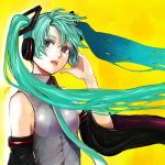  777wonders detached_sleeves floating_hair green_hair hand_on_headphones hatsune_miku headphones long_hair necktie purple_eyes solo twintails violet_eyes vocaloid 