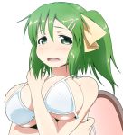  bare_shoulders bikini blush breasts bust daiyousei green_eyes green_hair highres kusaba large_breasts long_hair looking_at_viewer open_mouth short_hair side_ponytail simple_background solo swimsuit tears touhou white_background white_bikini wings 