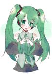  :d bare_shoulders blush detached_sleeves fingers_together green_eyes green_hair hatsune_miku long_hair looking_at_viewer meito_(maze) necktie open_mouth rough simple_background skirt smile solo steepled_fingers twintails very_long_hair vocaloid 