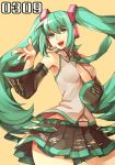  :d aqua_eyes aqua_hair armpits bare_shoulders detached_sleeves fingernails hand_on_own_chest hands hatsune_miku headset hitoto long_hair nail_polish navel necktie open_mouth skirt smile solo twintails very_long_hair vocaloid 