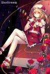  ankle_cuffs artist_name blonde_hair chair crossed_legs crystal fang flandre_scarlet flower glowing glowing_eyes hat hat_ribbon highres mushroom_(artist) pointy_ears puffy_sleeves red_eyes red_rose ribbon rose short_hair short_sleeves side_ponytail sitting smile solo star touhou wings wrist_cuffs 