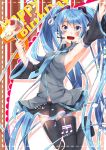  armpits blue_eyes blue_hair blush cake detached_sleeves food fork happy_birthday hatsune_miku highres jumping long_hair musical_note necktie open_mouth sakuragi_ren skirt solo thigh-highs thighhighs twintails very_long_hair vocaloid 