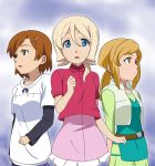  aqua_eyes belt blonde_hair blue_eyes brown_hair collarbone dress emily_armond gundam gundam_age ikari_manatsu light_brown_hair long_hair multiple_girls no_legwear open_mouth payot ribbon romary_stone time_paradox vest wendy_hearts 