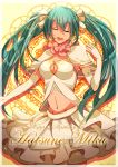  absurdres breasts character_name cleavage cleavage_cutout closed_eyes elbow_gloves gloves green_hair hatsune_miku headset highres long_hair microphone midriff mound_of_venus musical_note navel open_mouth skirt solo treble_clef twintails very_long_hair vocaloid 
