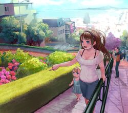  black_bra blue_eyes bra bra_strap breasts brown_hair camera flower lasterk lombard_street long_hair multiple_girls original railing real_world_location san_francisco scenery spring_(season) tree underwear 