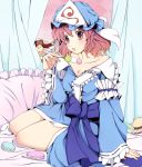  bad_id bed breasts cleavage dango food hat macaron off_shoulder pillow pink_eyes pink_hair saigyouji_yuyuko sawade short_hair sitting sitting_on_bed sleeves_past_wrists solo touhou triangular_headpiece wagashi 