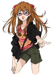  1girl bespectacled blue_eyes female glasses hair_ornament hoodie neon_genesis_evangelion orange_hair ppera shorts smile solo soryu_asuka_langley souryuu_asuka_langley v white_background 