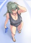  adjusting_hair adult blush breasts cleavage from_above large_breasts long_hair one-piece_swimsuit open_mouth red_eyes rozen_maiden rozenweapon sandals silver_hair solo suigintou swimsuit thighs 