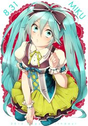  2012 aqua_eyes aqua_hair bowtie character_name dated hair_ribbon happy_birthday hatsune_miku long_hair pantyhose ribbon skirt solo twintails very_long_hair vocaloid wrist_cuffs yamaki_suzume 