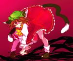  animal_ears bow brown_hair cat_ears cat_tail chen hat long_sleeves multiple_tails puffy_sleeves shimana_(cs-ts-az) short_hair slit_pupils solo tail tongue touhou yellow_eyes 