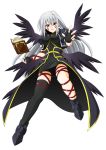  1girl angry black_wings book boots cerasus facial_mark fingerless_gloves gloves highres jacket long_hair lyrical_nanoha mahou_shoujo_lyrical_nanoha mahou_shoujo_lyrical_nanoha_a&#039;s multiple_wings red_eyes reinforce silver_hair single_thighhigh skirt solo thigh-highs thigh_strap tome_of_the_night_sky wings 