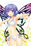  :d absurdres alpha_(artist) armpits barefoot bikini blue_bikini blue_eyes blue_hair blush bracelet breasts butterfly_wings cleavage hair_ornament hairclip headphones highres jewelry looking_at_viewer navel open_mouth original outstretched_arms print_bikini scan shiny shiny_skin short_hair side-tie_bikini smile solo strap_gap string_bikini swimsuit swimsuit_under_swimsuit white_bikini wings 