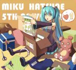  +_+ 1girl :&lt; animal_ears aqua_eyes aqua_hair bisonbison box character_name detached_sleeves fake_animal_ears gift green_eyes hatsune_miku heart long_hair necktie open_mouth saliva school_swimsuit scissors sitting skirt solo spring_onion stuffed_animal stuffed_toy swimsuit teddy_bear thigh-highs thighhighs twintails very_long_hair vocaloid 