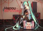  aqua_hair black_legwear breast_rest breasts cable detached_sleeves happy_birthday hatsune_miku highres long_hair microphone microphone_stand ovos petals sitting skirt solo speaker thigh-highs thighhighs twintails very_long_hair vintage_microphone vocaloid 