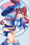  belt blue_eyes blue_gloves boots breasts brown_hair fuuro_(pokemon) gloves gym_leader hair_ornament holster large_breasts leaning_forward long_hair midriff mirai_denki navel payot pokemon pokemon_(game) pokemon_bw pokemon_bw2 red_hair shorts smile solo thigh_gap thigh_holster 