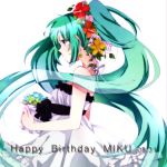  character_name dated dress earrings green_hair happy_birthday hatsune_miku head_wreath jewelry long_hair noki_(potekoro) open_mouth simple_background solo twintails very_long_hair vocaloid white_background 