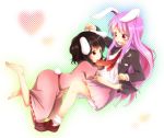  animal_ears barefoot black_hair blush bunny_ears bunny_tail dress error highres inaba_tewi long_hair misocha mouth_hold multiple_girls necktie pink_hair pleated_skirt rabbit_ears red_eyes reisen_udongein_inaba short_hair skirt sweatdrop tail touhou 