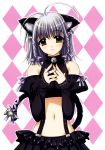  absurdres ahoge animal_ears antenna_hair argyle argyle_background bell bell_collar cat_ears collar copyright_request grey_hair hair_ribbon highres navel nishimata_aoi off_shoulder possible_duplicate ribbon short_hair tail yellow_eyes 