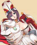  :o amputee ao_(time-leap) armor blue_eyes bodysuit breasts brown_hair cleavage feeding female hat kyoukai_senjou_no_horizon large_breasts mechanical_arm open_mouth prosthesis purple_hair short_hair solo tachibana_gin 