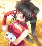  @_@ black_hair blush blush_stickers china_dress chinese_clothes glasses gloves hair_ornament holding long_hair original red_eyes red_gloves solo sousouman 