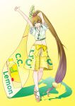  anklet arm_behind_head arm_up barefoot bow brown_hair c.c._lemon c.c._lemon_(character) crossed_legs_(standing) food food_themed_clothes frills fruit geta green_eyes grin hair_bow hakama japanese_clothes jewelry lemon long_hair midrif midriff navel outstretched_arm platform_sandals ponytail raybar sandals shorts smile solo thumbs_up very_long_hair 