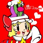  1girl animal_on_head ascot blonde_hair blush blush_stickers chamupei chibi crescent_moon flandre_scarlet hat hat_ribbon heart long_hair long_sleeves moon multiple_girls nose_hair open_mouth parody patchouli_knowledge purple_hair red_background ribbon short_hair side_ponytail sleeves_past_wrists smile solid_oval_eyes style_parody super_milk-chan tanaka_hideyuki_(style) touhou vampire wings 