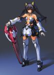  animal_ears armor armored_dress bell bell_collar black_hair breasts cat_ears center_opening chainsword collar copyright_request detached_collar flyx2 gauntlets mecha mecha_musume red_eyes robot robot_joints twintails 