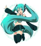  :d aqua_eyes aqua_hair bare_shoulders black_legwear blush detached_sleeves hatsune_miku ica long_hair navel open_mouth outstretched_arm skirt smile solo thigh-highs thighhighs twintails very_long_hair vocaloid 