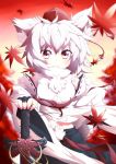  :3 animal_ears autumn_leaves bridal_gauntlets bust detached_sleeves fang hat highres holding inubashiri_momiji jewelry leaves looking_at_viewer short_hair single_earring solo sword tail tokin_hat touhou ugume weapon white_hair wolf_ears wolf_tail 