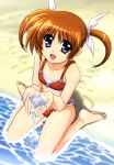  absurdres barefoot beach bikini blue_eyes brown_hair feet highres lyrical_nanoha mahou_shoujo_lyrical_nanoha nyantype official_art open_mouth partially_submerged scan short_twintails swimsuit takamachi_nanoha toes twintails water 