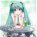  aqua_eyes aqua_hair bare_shoulders birthday birthday_cake cake candle cherry chin_rest cup food fruit glass_table hair_ornament happy_birthday hatsune_miku highres ice_cream_float long_hair looking_at_viewer ooiso_shouryuu skirt spoon straw strawberry teacup thigh-highs thighhighs twintails very_long_hair vocaloid white_legwear 