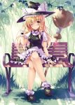  ;) arm_support bench blonde_hair blush bow braid broom brown_eyes crossed_legs hat hat_bow hat_ribbon highres kiris kirisame_marisa legs_crossed long_hair ribbon single_braid sink sitting smile solo sousouman touhou wink witch_hat wrist_cuffs yellow_eyes 