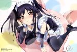  absurdres accel_world black_hair black_legwear brown_eyes detached_sleeves feet garter_straps headdress highres kneeling kuroyukihime long_hair maid megami official_art solo tabata_hisayuki thigh-highs thighhighs twintails very_long_hair 