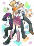  1girl 2boys beanie beret black_hair blonde_hair blue_hair boots chimchar coat grin hat hikari_(pokemon) hikari_(pokemon)_(remake) holding holding_poke_ball jun_(pokemon) jun_(pokemon)_(remake) koromo kouki_(pokemon) kouki_(pokemon)_(remake) long_hair multiple_boys open_mouth orange_eyes piplup poke_ball pokemon pokemon_(creature) pokemon_(game) pokemon_dppt purple_eyes scarf simple_background smile tegaki turtwig violet_eyes 