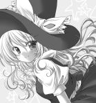  blush bow braid bust hat hat_bow kirisame_marisa long_hair looking_at_viewer monochrome ribbon seidou_(tukinomiyako) single_braid smile solo touhou 