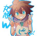  character_request double_v grin inazuma_eleven inazuma_eleven_(series) inazuma_eleven_go looking_at_viewer lowres pippilipi sata_tosamaru smile solo translation_request v white_background 