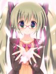  bespectacled glasses green_eyes green_hair happy_birthday hatsune_miku minase_kaya smile solo twintails vocaloid 