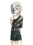  accelerator bad_id brown_eyes flat_chest flower genderswap hair_flower hair_ornament kurikinton looking_at_viewer naked_shirt off_shoulder parted_lips short_hair solo suzushina_yuriko to_aru_majutsu_no_index 