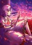  ascot blood cloud clouds cup dress flower hat leclle pink_dress profile puffy_short_sleeves puffy_sleeves purple_hair red_eyes remilia_scarlet rose short_sleeves sitting sky smile solo touhou twilight window wine wine_glass wrist_cuffs 