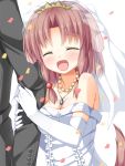  :d ^_^ animal_ears arm_holding asa_no_ha bare_shoulders blush breasts brown_hair cleavage closed_eyes confetti dog_ears dog_tail dress elbow_gloves eyes_closed fang gloves holding_arm jewelry long_hair married necklace open_mouth original smile tail veil wedding_dress 