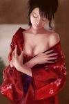  artist_request bare_shoulders black_hair breasts cleavage closed_eyes eyes_closed highres japanese_clothes kimono original short_hair 