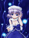  alternate_costume blue_eyes breasts cleavage dress glass hat lavender_hair letty_whiterock scarf short_hair smile solo touhou 
